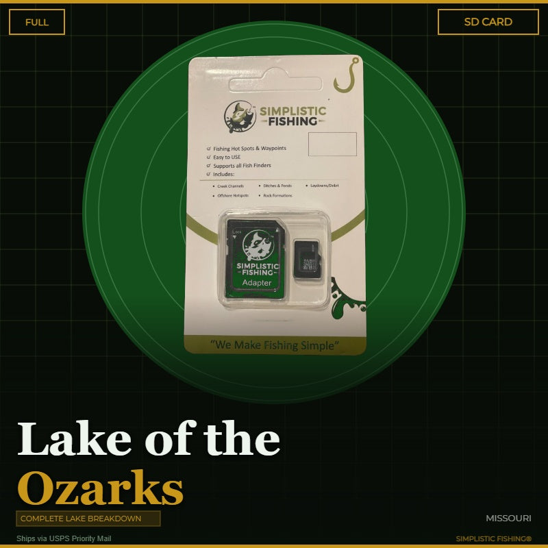 Packaging of Simplistic Fishing product with text 'Lake of the Ozarks' and 'Missouri' on a green and black background.