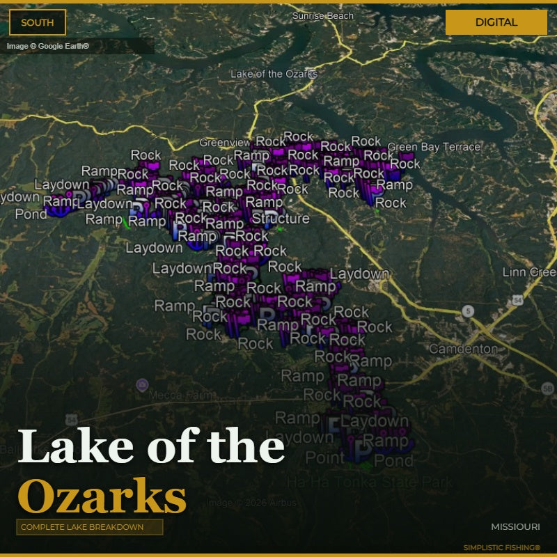 Map of Lake of the Ozarks with fishing spots marked on a digital interface.