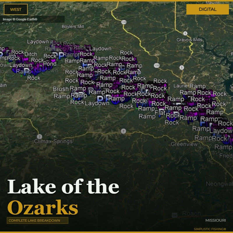 Map of Lake of the Ozarks with various fishing ramps labeled on a digital display.