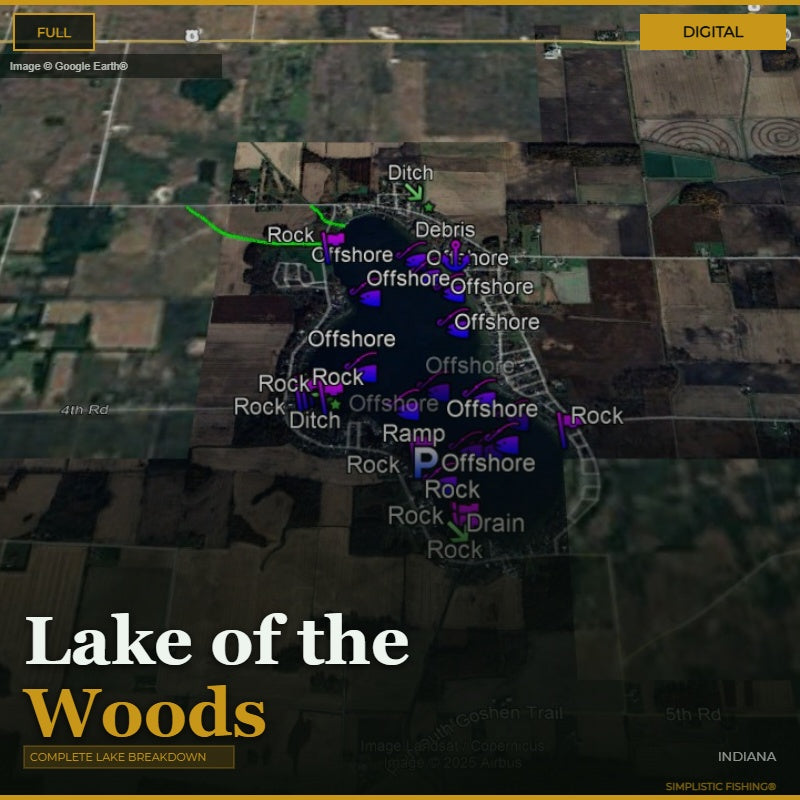 Map of Lake of the Woods with various fishing spots labeled on a digital interface.
