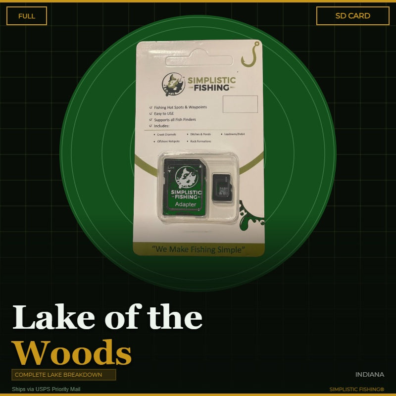 Packaging of Simplistic Fishing product with text 'Lake of the Woods' on a green and black background.