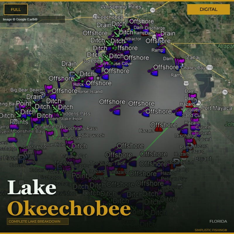 Map of Lake Okeechobee, Florida with bass fishing waypoints and structure labeled on a digital display.