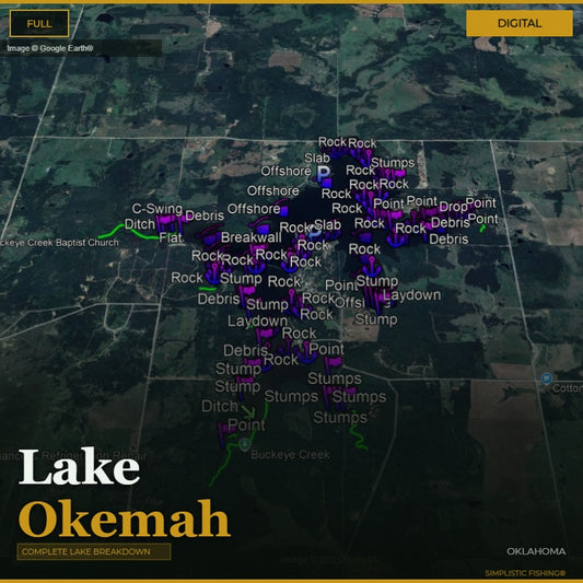 Map of Lake Okemah with fishing points labeled on a digital display.