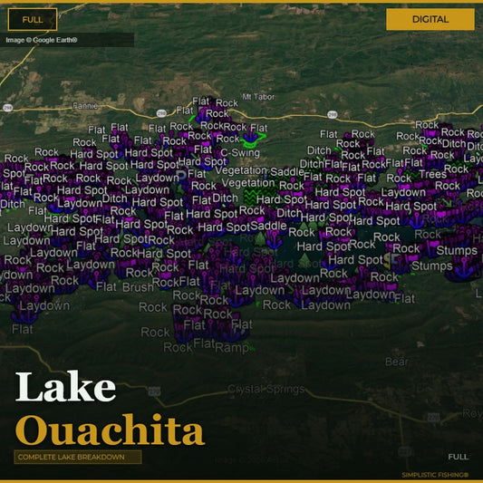 Map of Lake Ouachita with fishing spots labeled on a digital interface.