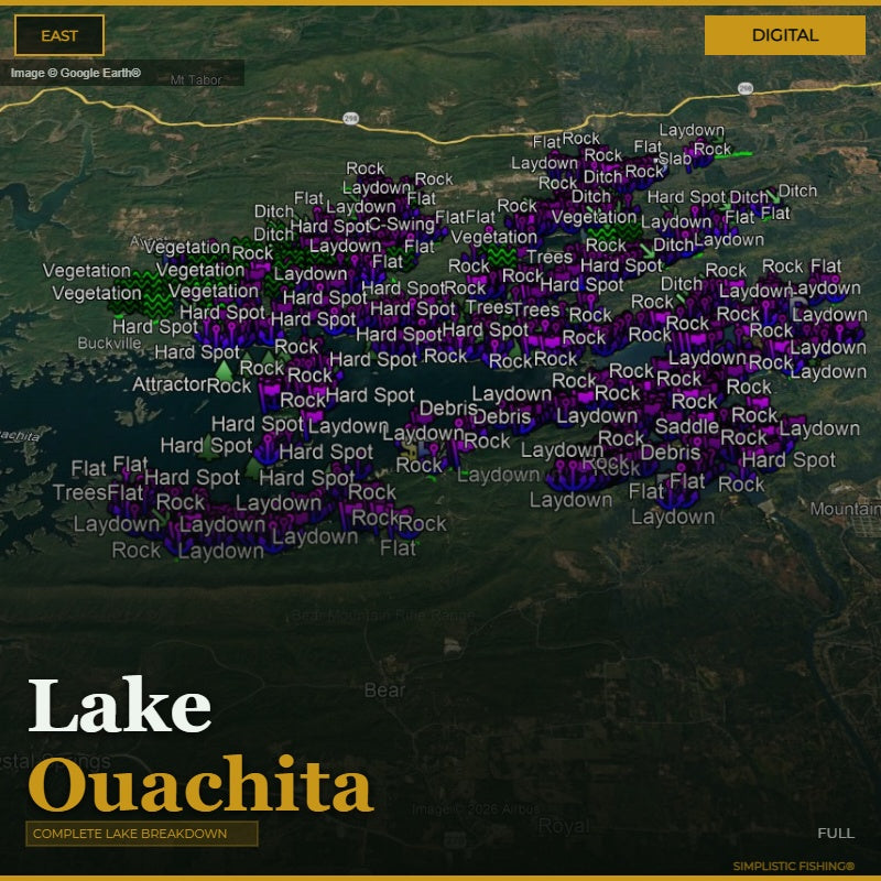 Map of Lake Ouachita with fishing spots marked on a digital interface