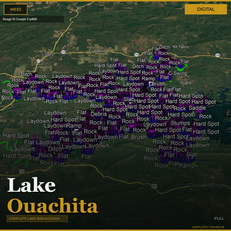 Map of Lake Ouachita with fishing spots labeled on a digital display.
