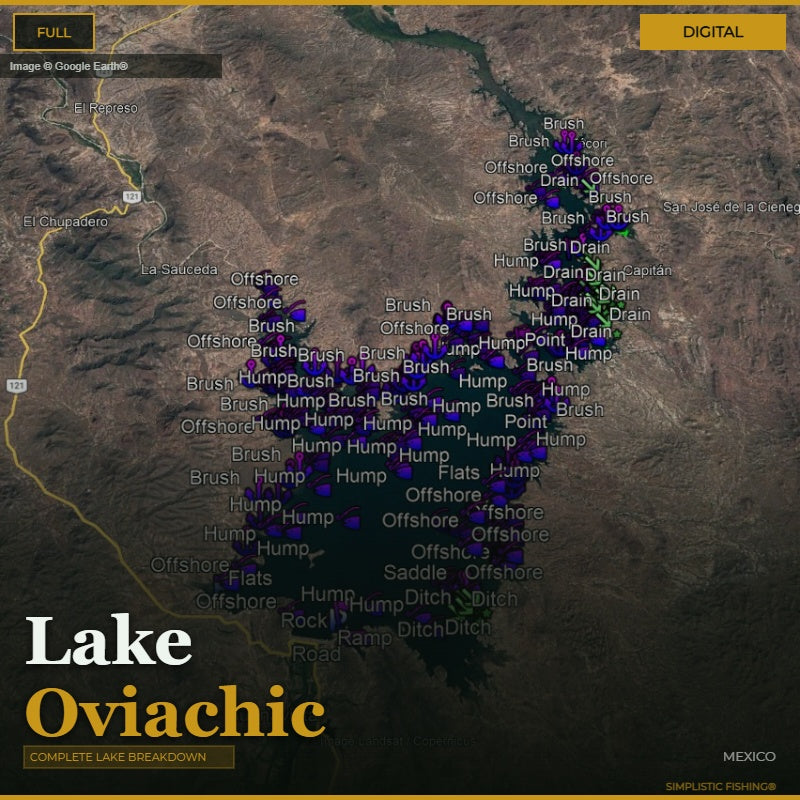 Map of Lake Oviachic with fishing spots labeled on a digital display.