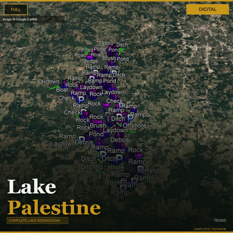 Map of Lake Palestine with various labels on a digital background