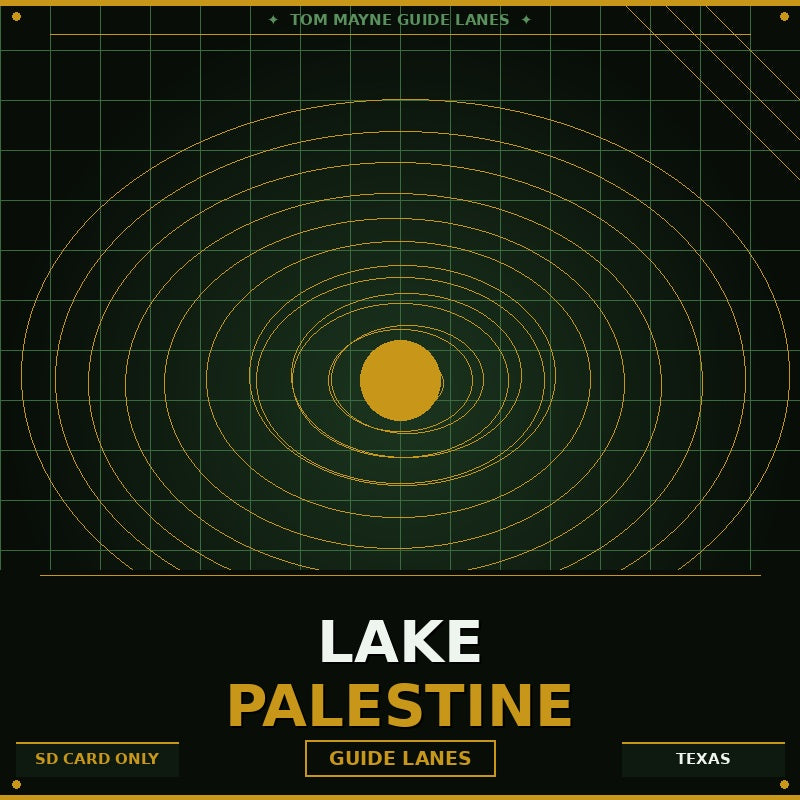 Lake Palestine guide lanes map with concentric circles and text on a dark background