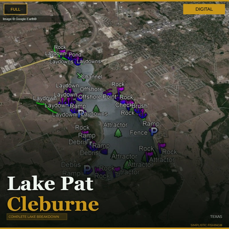 Map of Lake Pat Cleburne with various fishing laydowns and points marked on a digital interface.