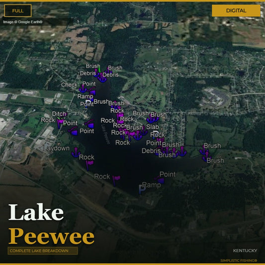Map of Lake Peewee with various points labeled on a digital display.