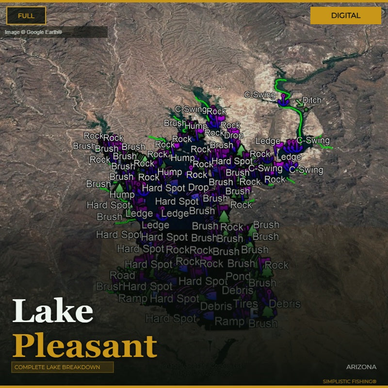 Map of Lake Pleasant with fishing spots labeled on a digital display.