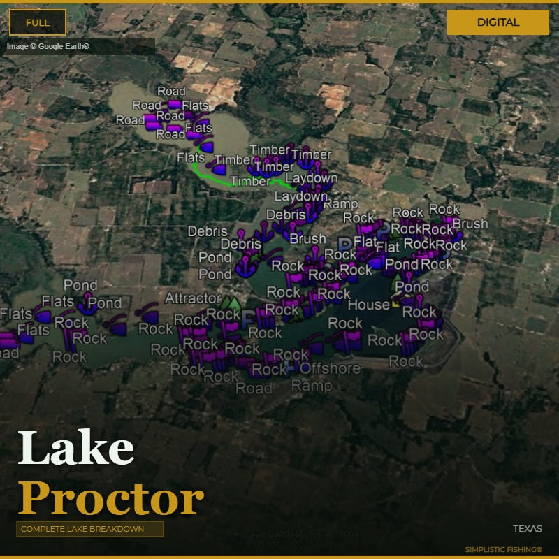 Map of Lake Proctor with various fishing spots marked on a digital display.