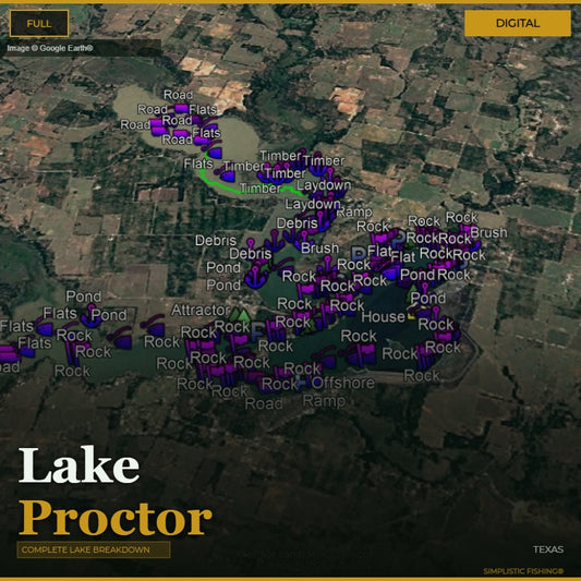 Map of Lake Proctor with various fishing spots marked on a digital display.