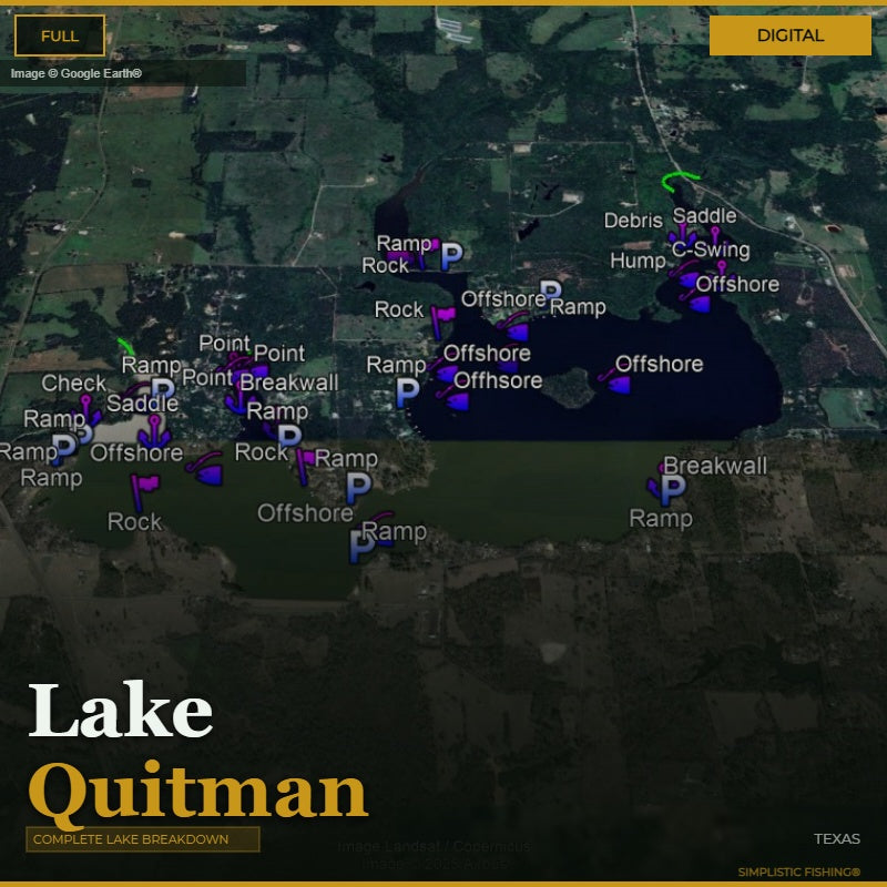 Map of Lake Quitman with various points labeled on a digital display.