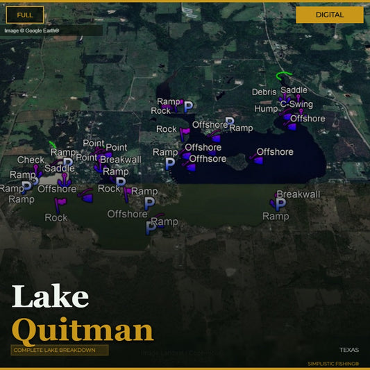 Map of Lake Quitman with various points labeled on a digital display.