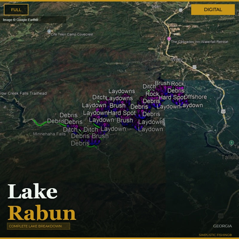Map of Lake Rabun with various markers indicating conditions and locations.