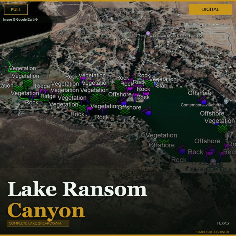 Map of Lake Ransom Canyon with labeled features on a digital display.