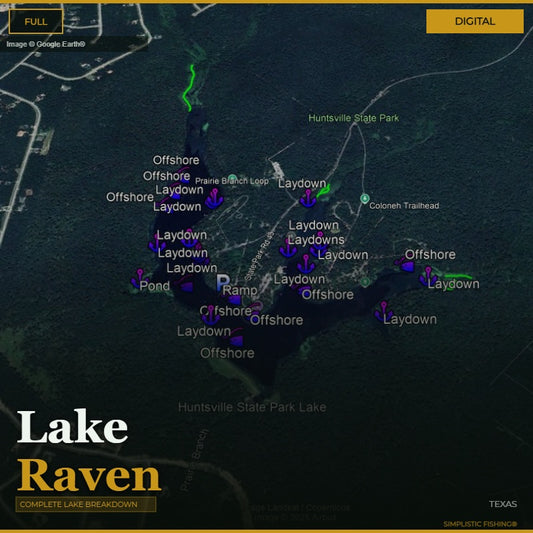 Map of Lake Raven with fishing spots marked on a digital interface