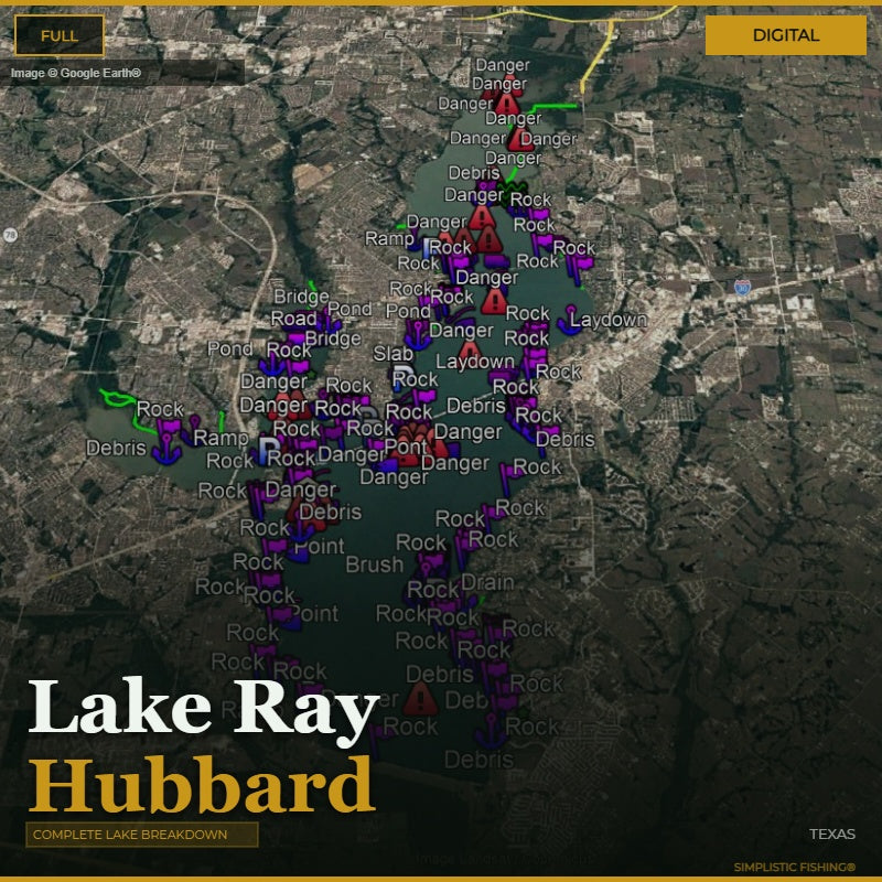 Map of Lake Ray Hubbard with various markers indicating hazards and landmarks.