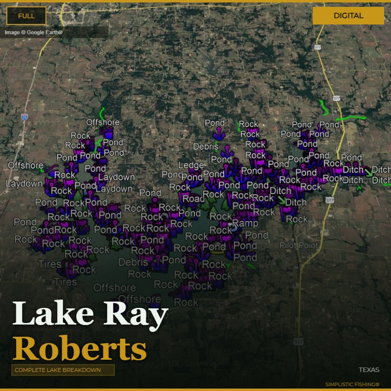 Map of Lake Ray Roberts with various markers indicating features like rocks, ponds, and roads.