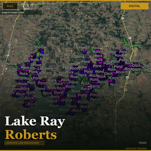 Map of Lake Ray Roberts with various markers indicating features like rocks, ponds, and roads.