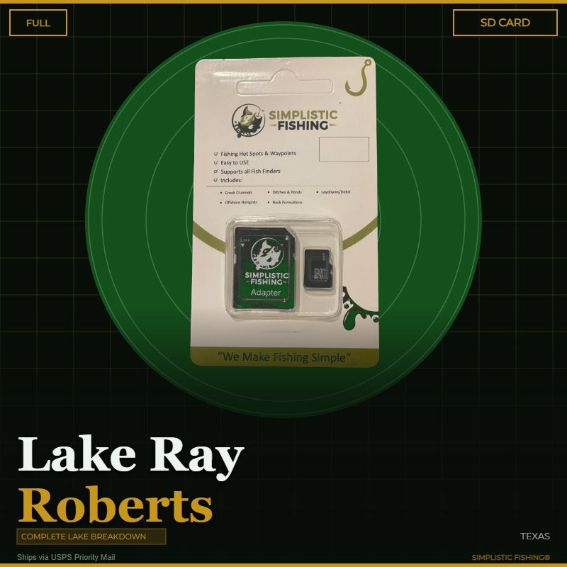 Packaged Simplistic Fishing product with SD card on a green circular background, featuring 'Lake Ray Roberts' text.