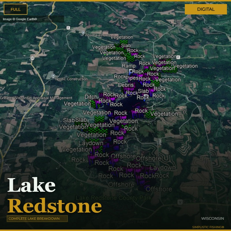 Map of Lake Redstone with various markers indicating different fishing conditions.
