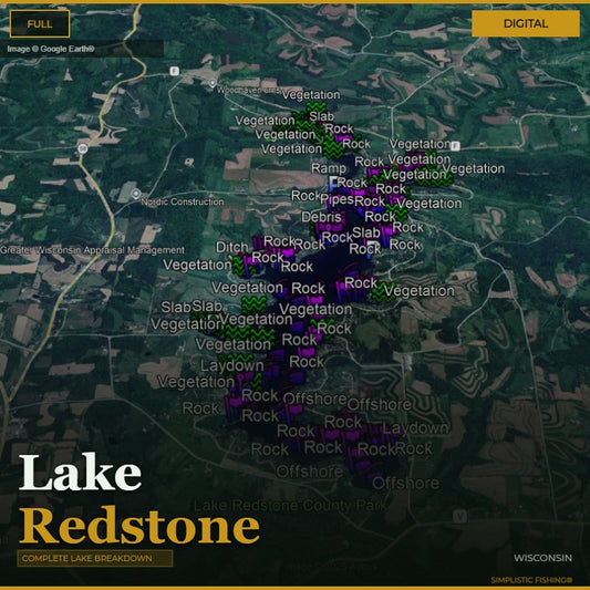 Map of Lake Redstone with various markers indicating different fishing conditions.