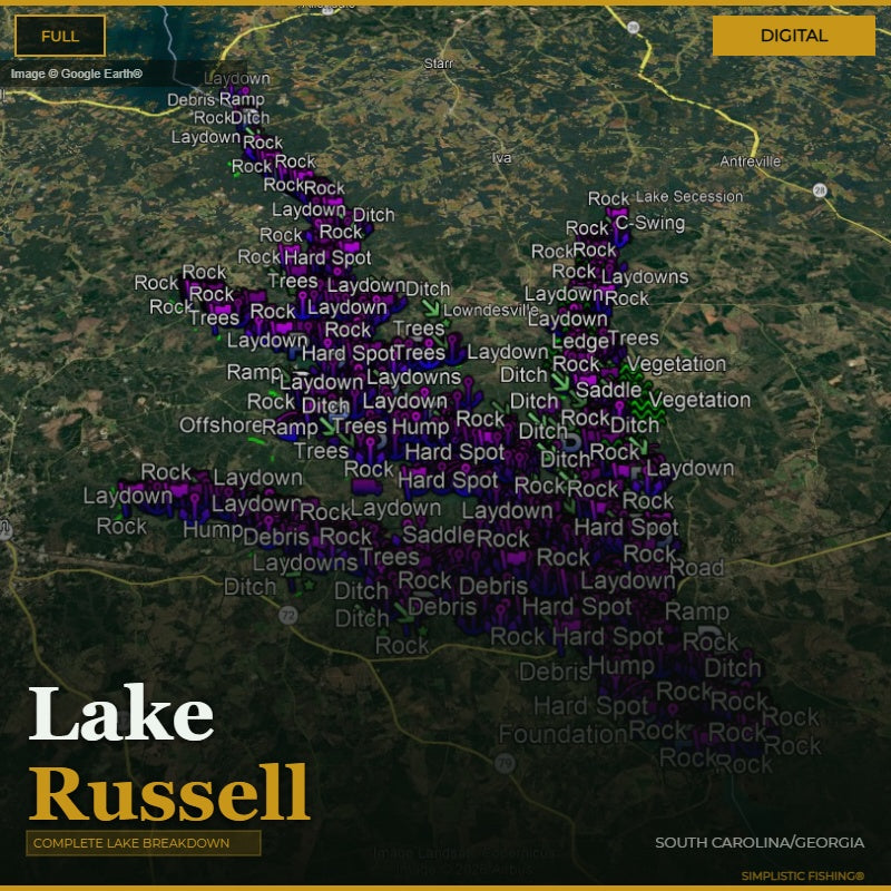 Map of Lake Russell with various fishing spots labeled on a digital display.