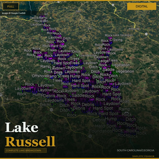 Map of Lake Russell with various fishing spots labeled on a digital display.