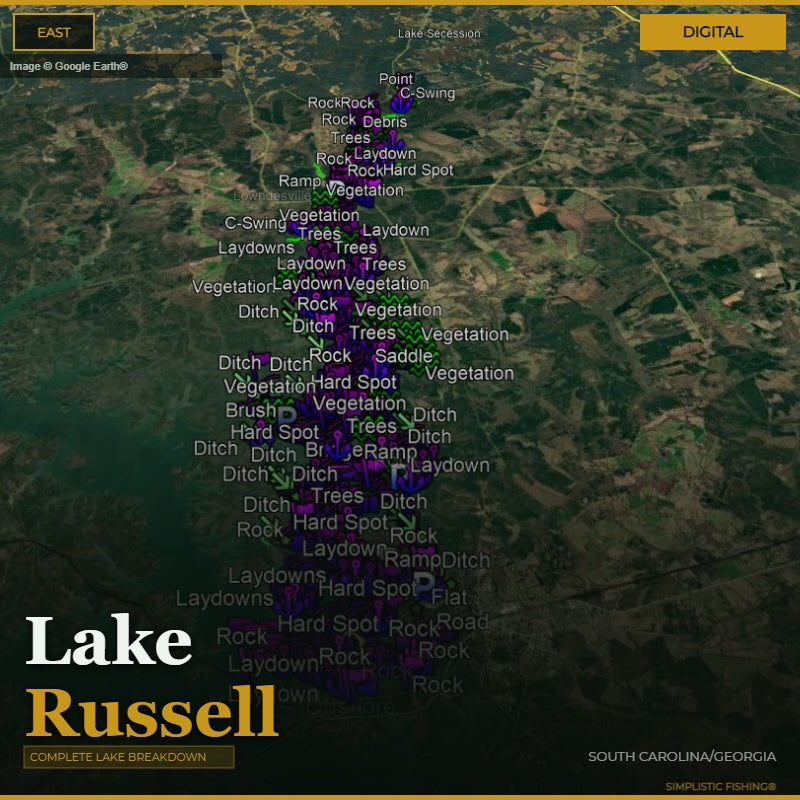 Map of Lake Russell with various features labeled on a digital display.