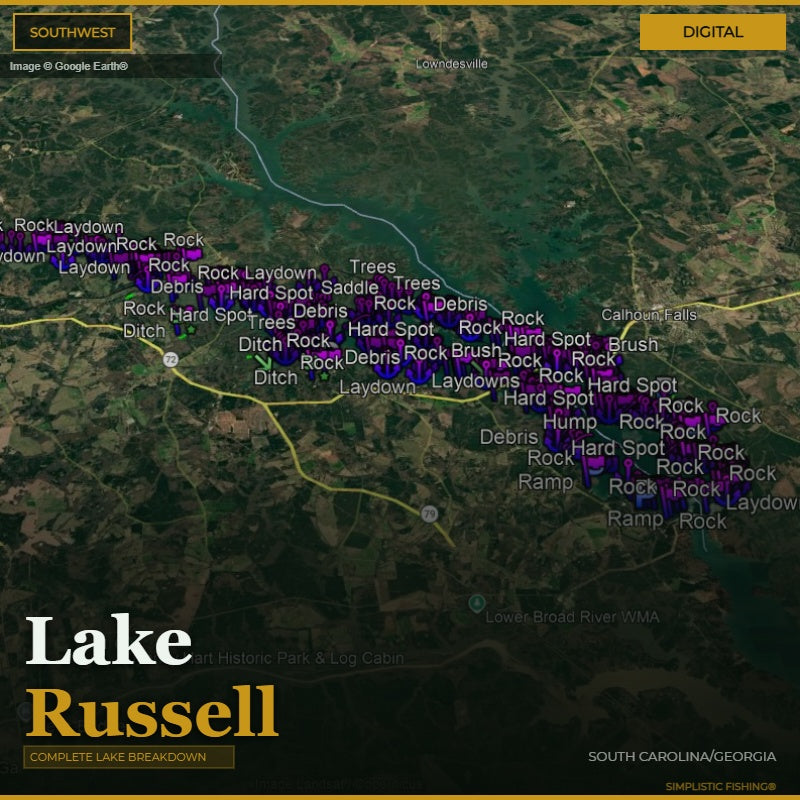 Map of Lake Russell with various markers indicating terrain features.