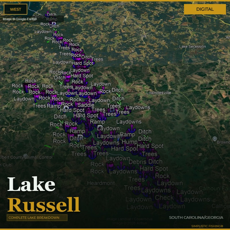 Map of Lake Russell with various fishing spots labeled on a digital display.