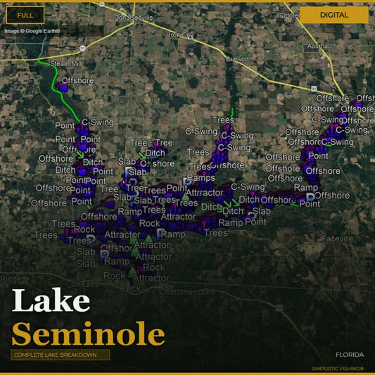 Map of Lake Seminole with fishing points and routes labeled
