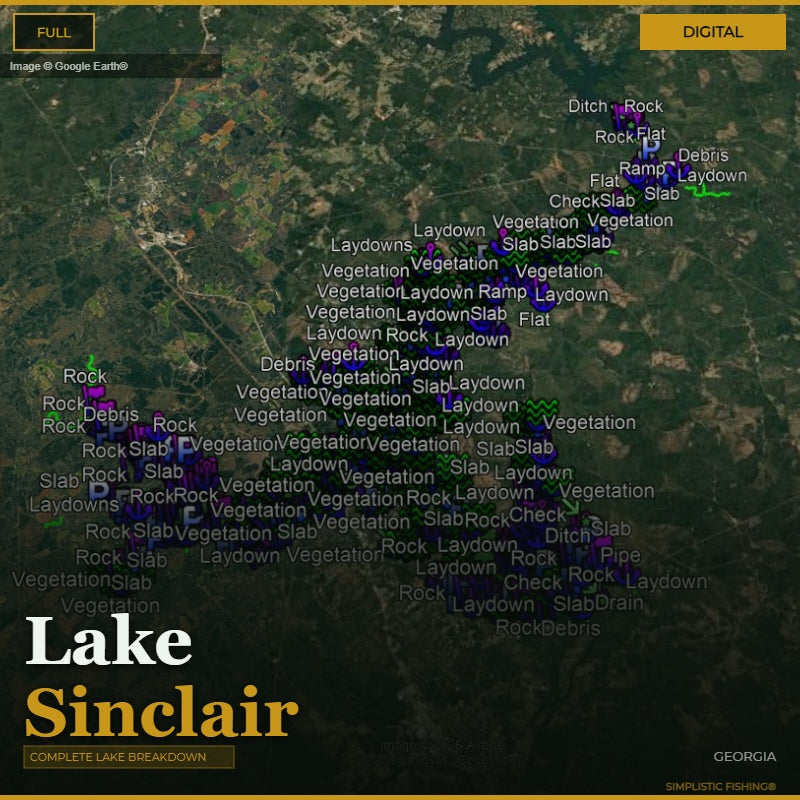 Map of Lake Sinclair with various terrain labels on a digital display.