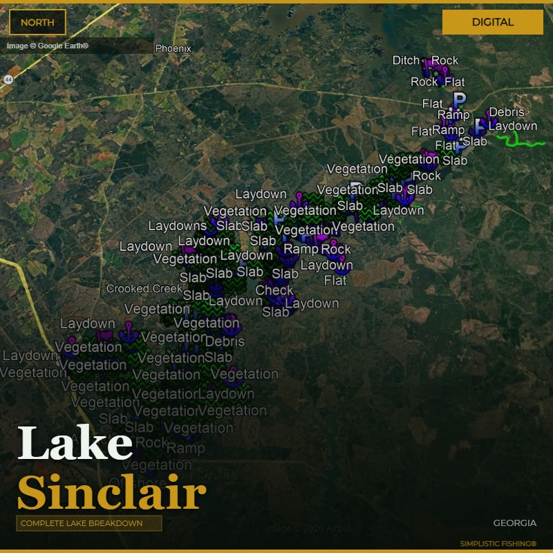 Map of Lake Sinclair with various fishing spots labeled on a digital interface.