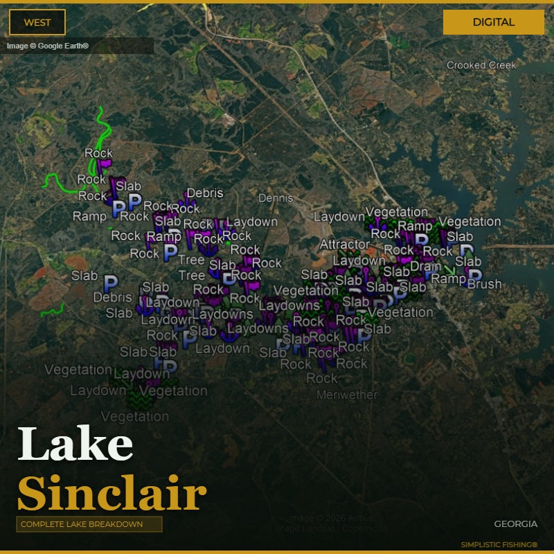 Map of Lake Sinclair with various fishing spots labeled on a digital display.