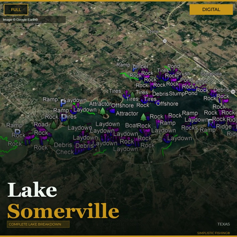Map of Lake Somerville with various markers and labels on a digital display.