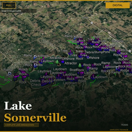 Map of Lake Somerville with various markers and labels on a digital display.
