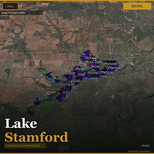 Map of Lake Stamford with fishing spots labeled on a digital display.