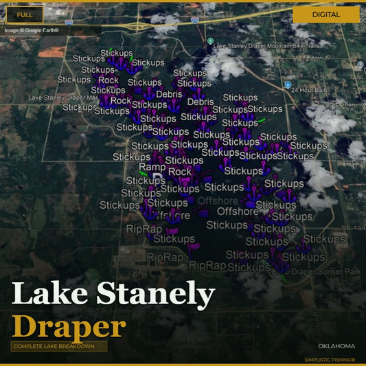 Map of Lake Stanely Draper with various markers indicating stickups, debris, and other features.