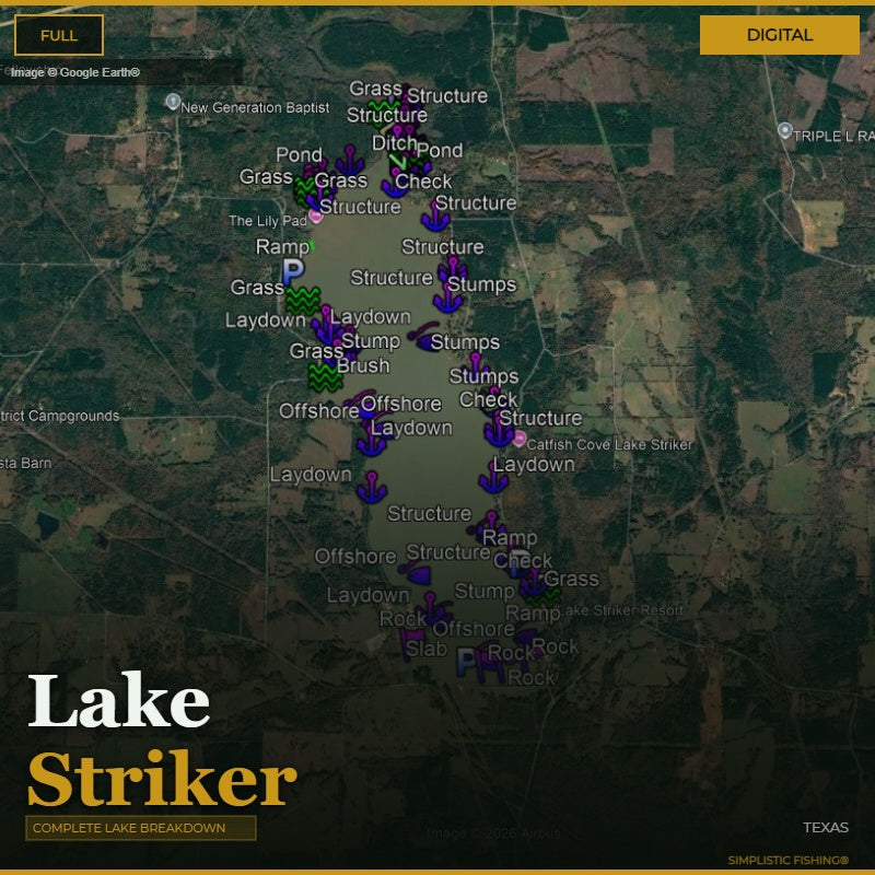 Map with various markers and labels on a digital display, featuring the brand 'Lake Striker'.