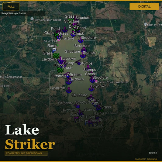 Map with various markers and labels on a digital display, featuring the brand 'Lake Striker'.