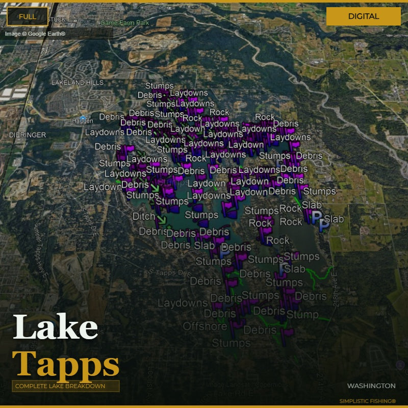 Map of Lake Tapps with various fishing locations marked on a digital display.