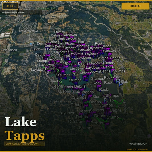 Map of Lake Tapps with various fishing locations marked on a digital display.