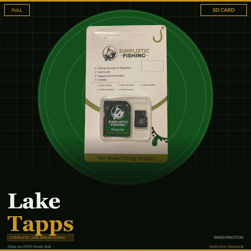 Simplistic Fishing SD card packaging on a green circle with text below.