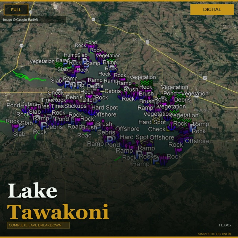 Map of Lake Tawakoni with various fishing spots labeled on a digital display.