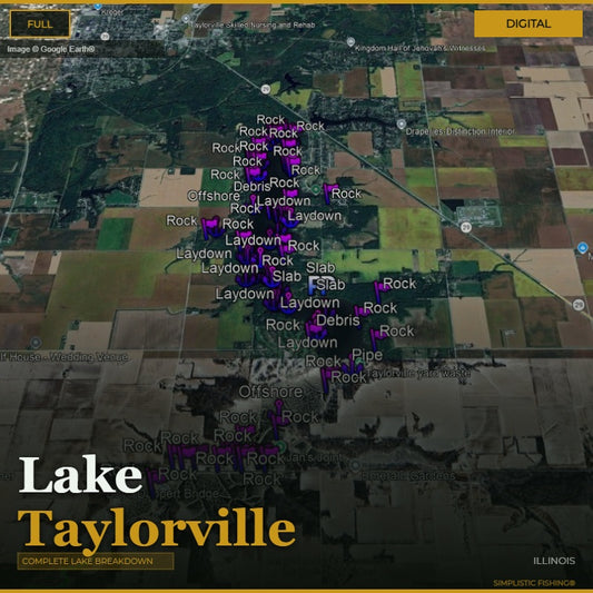 Map of Lake Taylorville with fishing spots labeled on a digital interface.