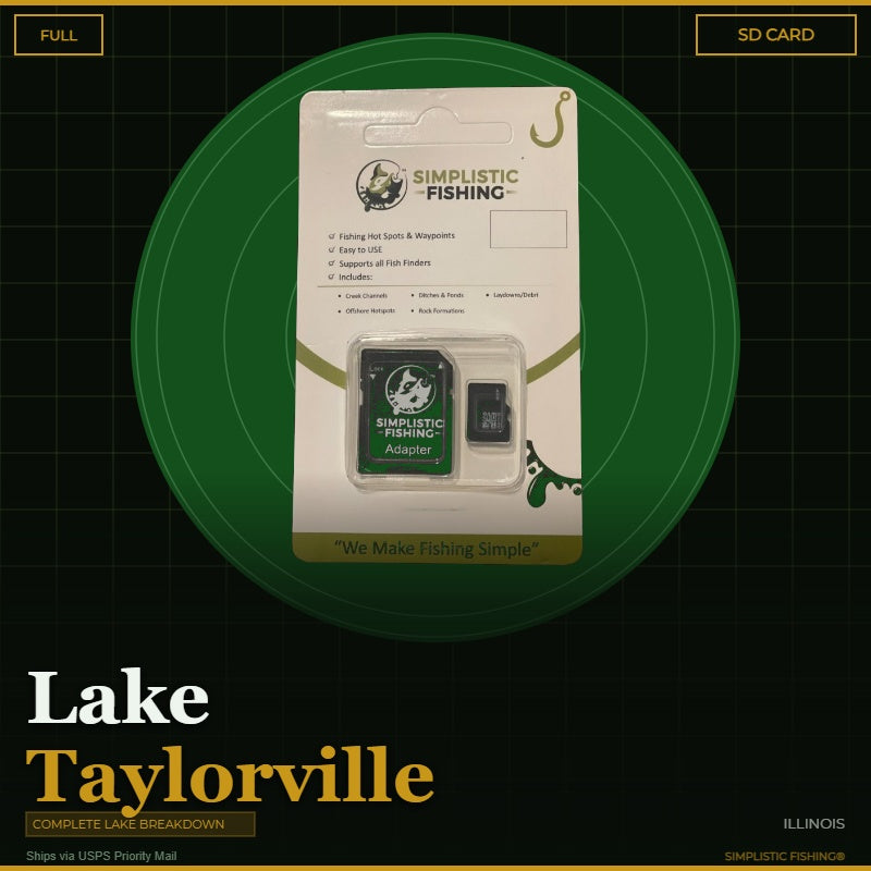 Simplistic Fishing SD card packaging on a green circle with 'Taylorville Lake' text.
